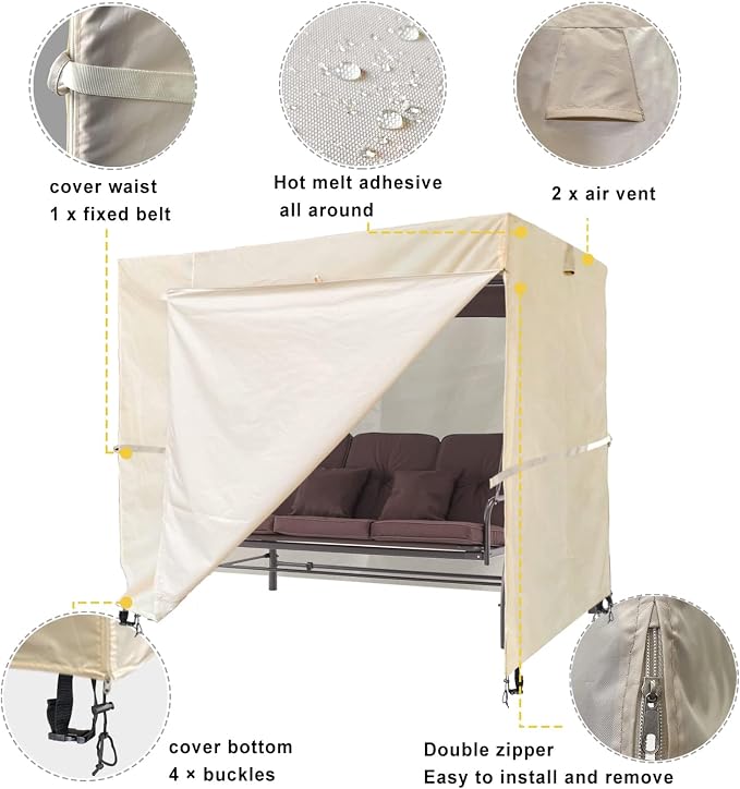 Outdoor Swing Cover 3 Triple Seater Hammock Cover Garden Swing Cover Garden Hammock Glider Chair Cover Patio Furniture Cover UV Resistant Swing Canopy Cover All Weather Protection(82*49*67inch)Beige