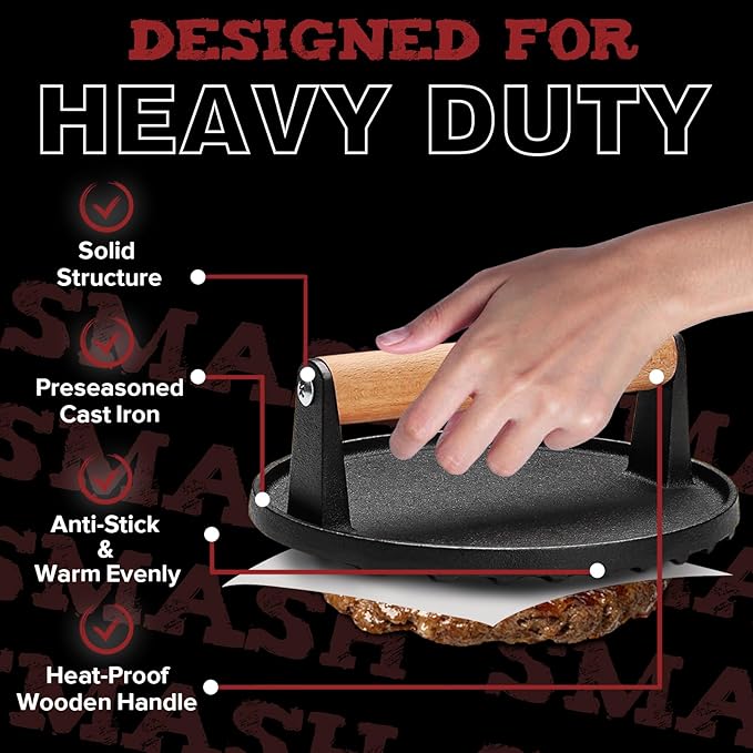 Grilliance 4pcs Smash Burger Press Kit, 3 in 1 Hamburger Press Patty Maker, Cast Iron Burger Press, Cleaning Pad Set for Grill, Griddle, Flat top, Kitchen, Cooking