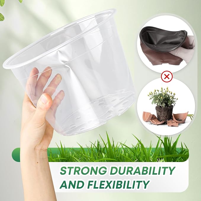 10 Pack 8 Inch Large Clear Nursery Pots with Drainage Hole, Plastic Plant Pots for Seedlings Flowers Vegetables, Indoor Outdoor Gardening, Used as Liners Inside Decorative Pots (8 inch)
