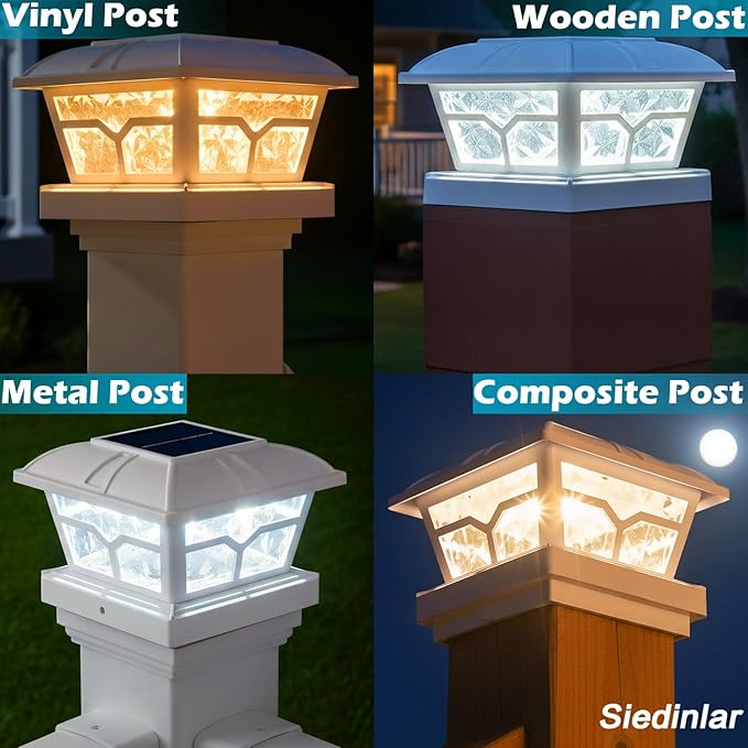 SIEDiNLAR Solar Post Cap Lights Outdoor 2 Color Modes 8 LEDs for 4x4 5x5 6x6 Posts Fence Deck Patio Decoration Warm & Cool White Lighting (4 Pack)