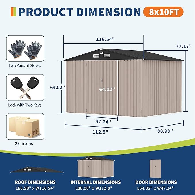 Outdoor Metal Sheds 8x10, Outdoor Storage Shed MetalGarden Tool Shed for Backyard, Metal Utility Sheds Buildings with Air Vent