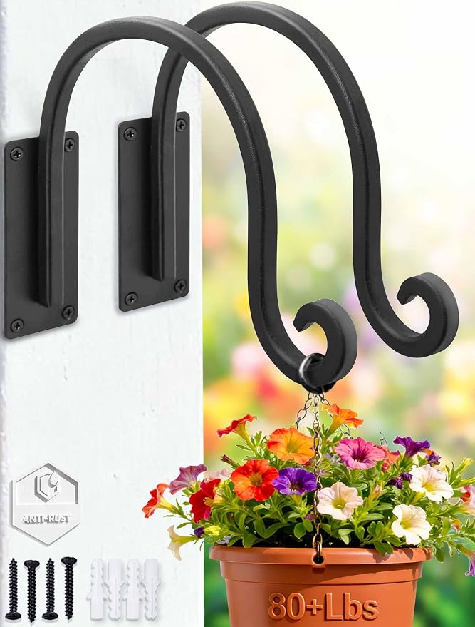 Lifyzoon Heavy Duty Plant Hanger Bracket (8"/Black) -2 Packs, 35lbs Weight Capacity - Outdoor Hand-Forged Hanging Plant Bracket Durable and Stable Bird Feeder Hanger