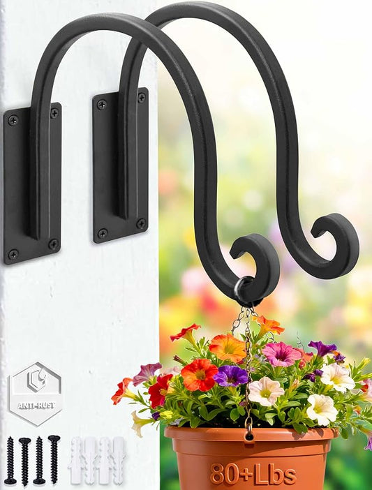Lifyzoon Heavy Duty Plant Hanger Bracket (8"/Black) -2 Packs, 35lbs Weight Capacity - Outdoor Hand-Forged Hanging Plant Bracket Durable and Stable Bird Feeder Hanger