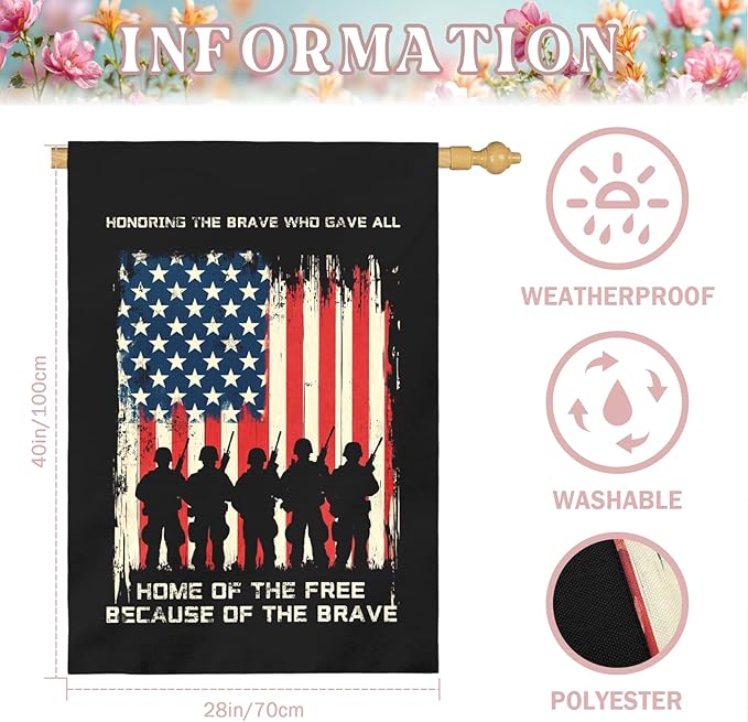 Memorial Day Patriotic House Flag Honoring Fallen Soldiers Home Of The Free Because Of The Brave Outdoor Yard USA Flags Honor And Brave Garden Banner Lawn Porch Patriotic Decor 28 x 40 Inch