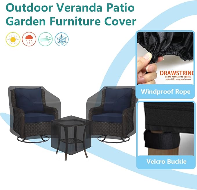 3 Piece Outdoor Veranda Patio Garden Furniture Cover Set with 420D Waterproof Fabric, Patio Furniture Covers Set with Windproof Buckle Strap Fit for Outdoor Wicker Rattan Chair Sets, Black
