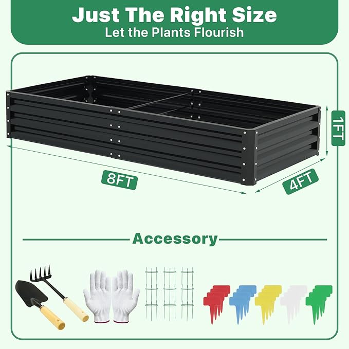 ONCEMORE Raised Garden Bed, Galvanized Steel Raised Garden Bed for Gardening Vegetables Fruit, 20pcs T-Types Tags & 1 Pair of Gloves,8x4x1FT,Black
