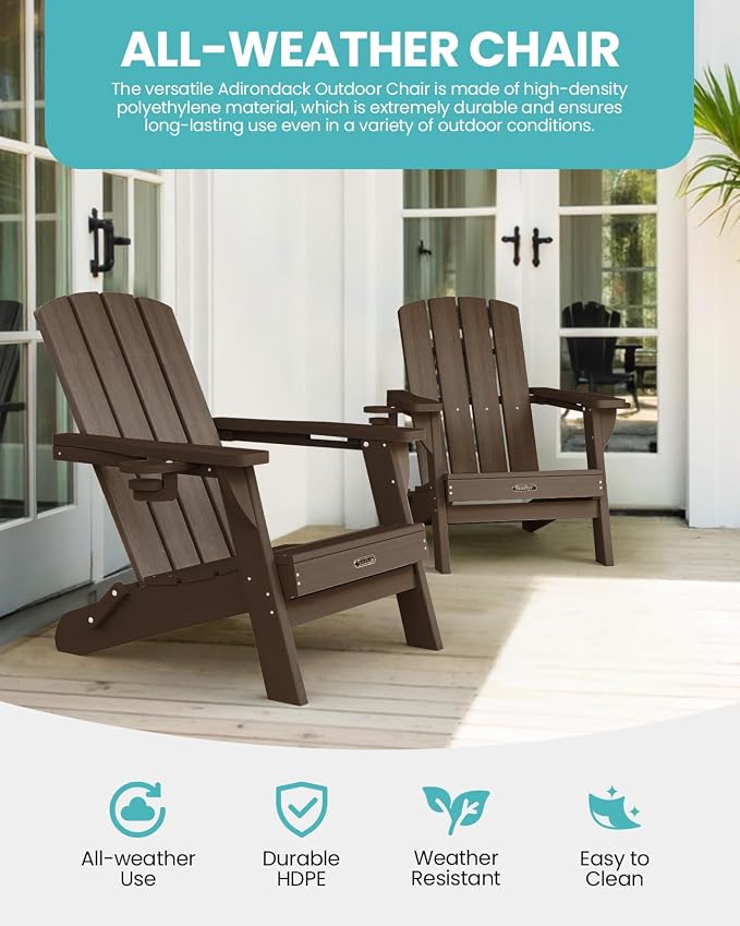 Folding Adirondack Chair Set of 4, HDPE Adirondack Chairs with 2 Cup Holder, Plastic All-Weather Fire Pit Chairs, Outdoor Lawn Chair for Patio Garden (Brown)
