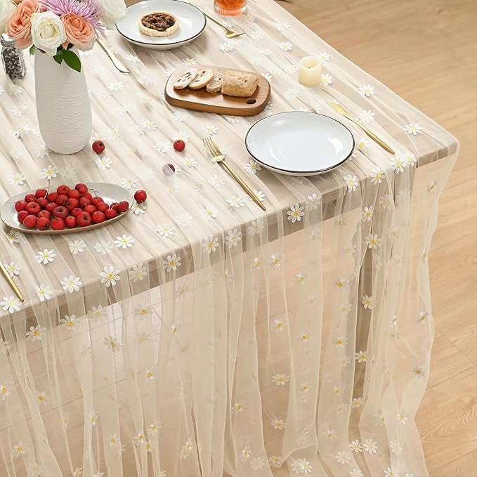 Horaldaily Champagne Embroidery Daisy Spring Summer Gauze Tablecloth 60×120 Inch Rectangular, Seasonal Tulle Table Cover, Garden Party Decorations for Wedding, Party, Holiday Dining