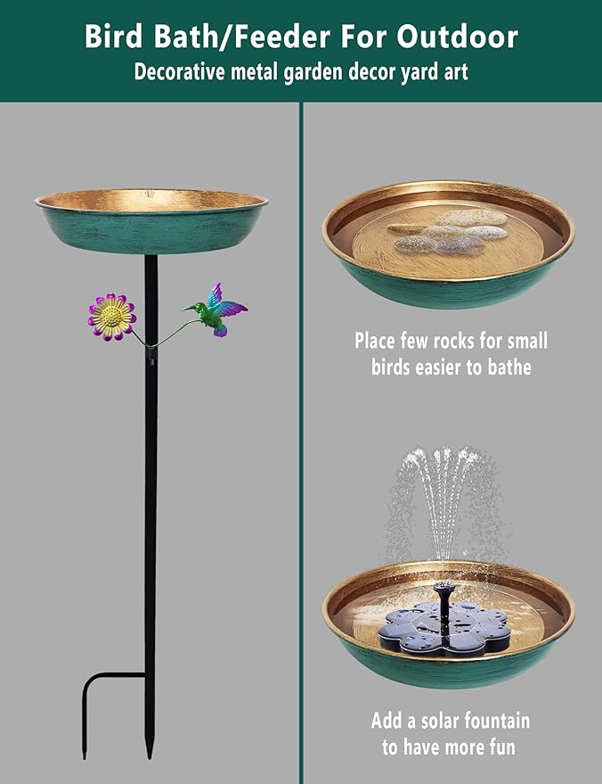 Freestanding Outdoor Bird Bath - 11 Inch Green & Bronze Birdbath Bowl & Feeder with Metal Stake 0.5 Gallon Garden Yard Patio Lawn Decor