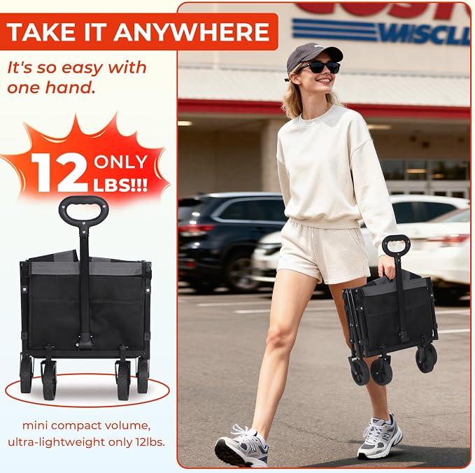 Foldable Wagon with Tailgate,12 lb Lightweight Small Utility Cart | Garden, Grocery, Beach, Camping, Portable Use, Gray