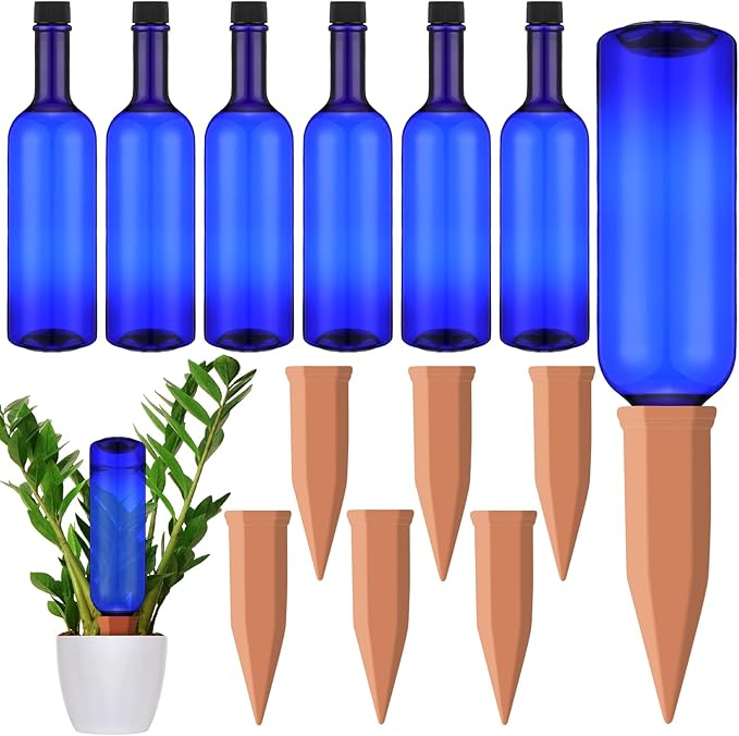 SiliFine 6 Sets Plant Watering Devices Include Terracotta Self Watering Spikes and 26 oz Plastic Bottles, Slow Release Vacation Insert Automatic Plant Waterer Device (Dark Blue and Terracotta)