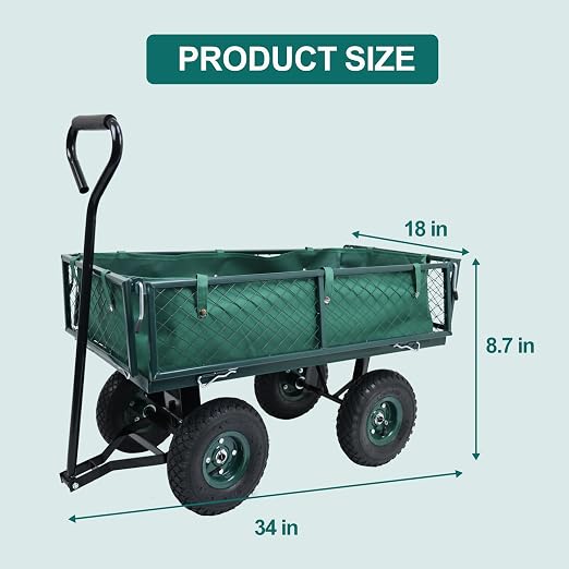 Elevon Utility Wagon Cart, Green | 10" Wheels & Removable Sides for Easy Yard Cleanup, Gardening, and Grocery Shopping