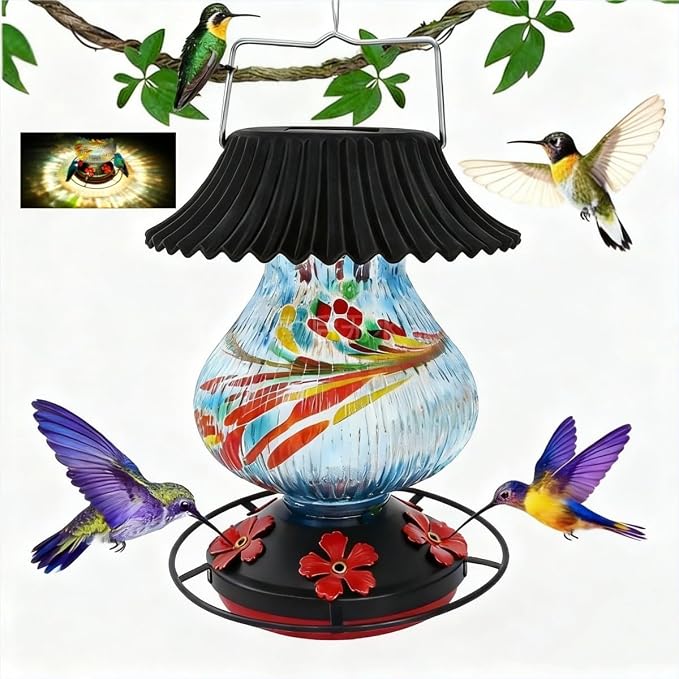 Solar Glass Hummingbird Feeder for Outdoors- 26 fl.oz Best Hummingbird Feeders with Ant Moat & Perch - 5 Feeding Ports - Wasp Leak Proof- Hand Blown Glass Color Changing Glowing in Dusk