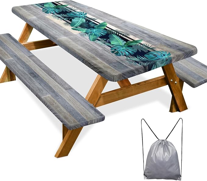 Picnic Table Cover with Bench Covers Camping Essentials Waterproof Windproof Camping Tablecloth with Drawstring Bag, Fitted Rectangle Tables and Seats, 72in, Palm Leaf