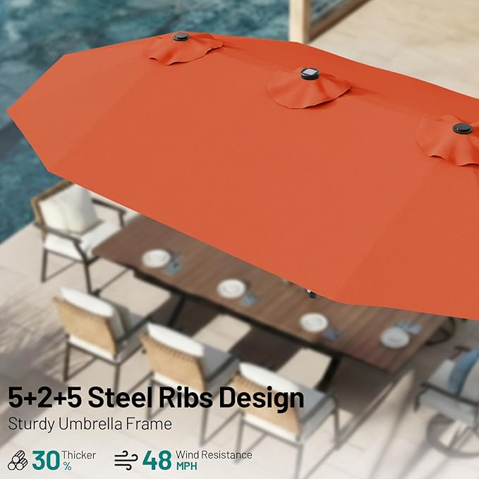 AreShark 13 FT Patio Umbrella with Solar Lights, Double-Sided Outdoor Table Umbrellas with Crank, Large Rectangular Market Umbrella for Porch, Lawn, Pool, Backyard, Orange