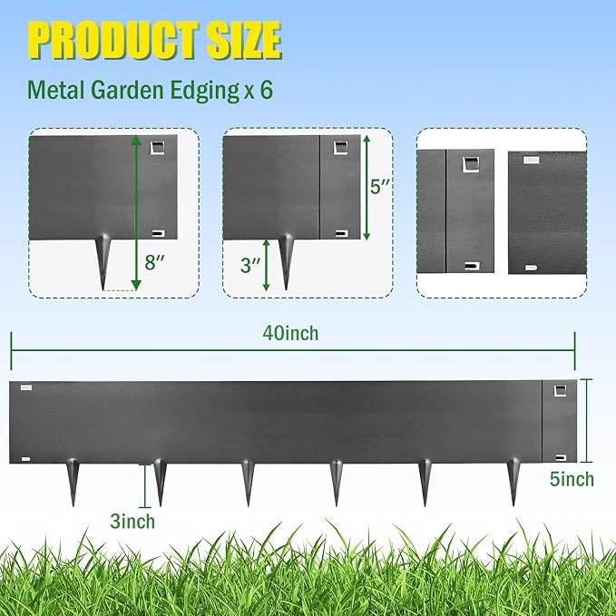 20ft. Metal Landscape Edging, Black Galvanized Steel Landscape Edging with a Pair of Gloves, Bendable Hammer-in Metal Lawn Edging for Fence and Flower Beds (6 Pack, 40 x 8 inches)