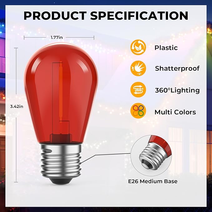 GvvooHome 15 Pack S14 Colored LED String Light Bulbs, 1W Plastic Shatterproof Replacement Bulbs for Outdoor Patio Backyard Lights, E26 Medium Base, Dimmable, Warm White 2200K, Red/Green