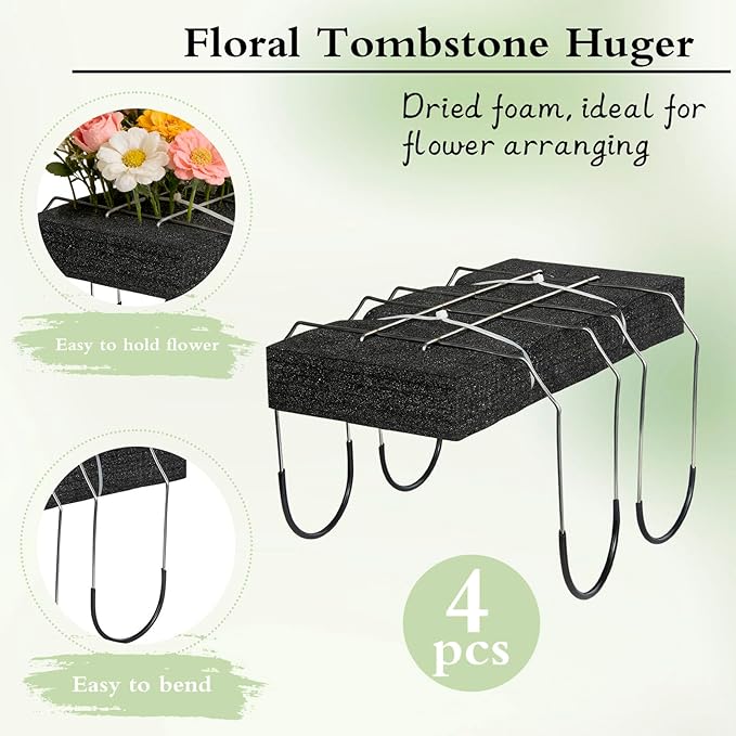 4Packs Headstone Flower Saddles Gravestone Saddle with Floral Foam for Grave Wire Rustproof Galvanized Cemetery Headstones Tombstone Decoration (Black,12’’)