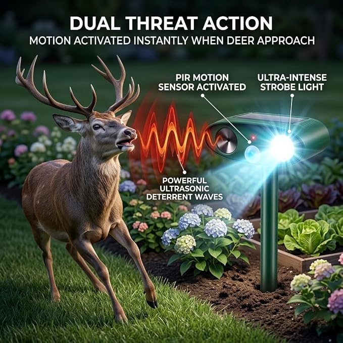 2026 Upgraded Sonic Fortress Pro Deer Repellent Devices with USB Charge,Solar Ultrasonic Animal Repellent with Motion Sensor&Flash Light,Rabbit Fortress Pro to Scare Squirrel Cat Out of Yard 2Pack