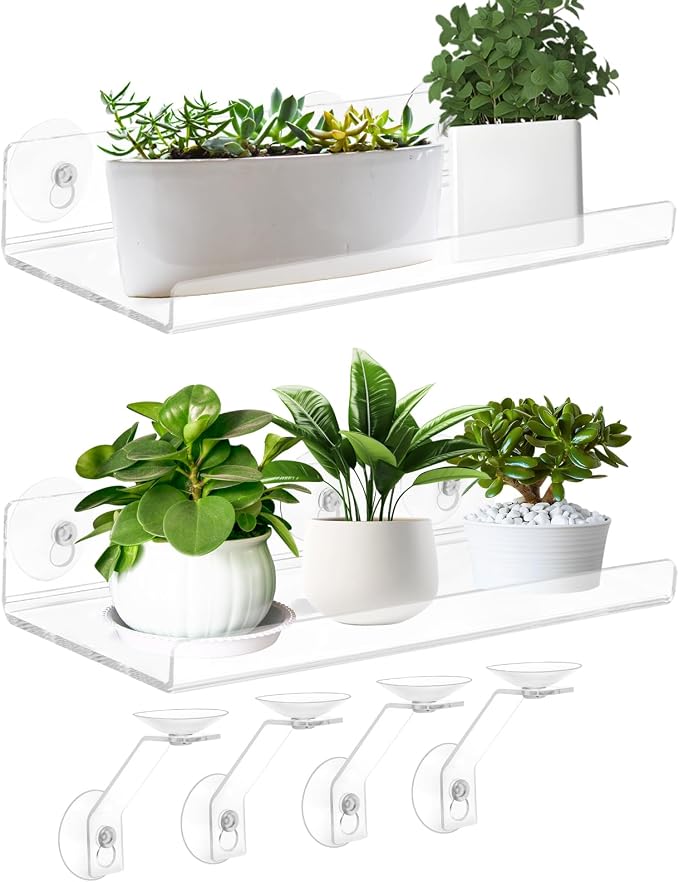 2 Pack 15 Inch Acrylic Window Boxes Plant Shelves, 6 Inch Extra-Wide Windowsill Extender – Features Suction Cups and Support Brackets for Succulents, Herbs, Seed Starting | Indoor/Outdoor Use