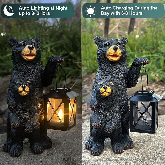 Black Bear Garden Statue with Solar Lantern, Bear Figurine Lights for Outside, Yard Garden Decor Unique Birthday Housewarming Gifts for Women, Mom