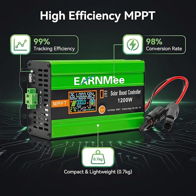 30A Boost MPPT Solar Charge Controller 72V/60V/48V, 1200W Controller with LCD,Output Max 15A for LiFePO4/Lithium/Lead Acid Battery for RV/Solar System/Golf Cart,Smart Cooling & Full Protection