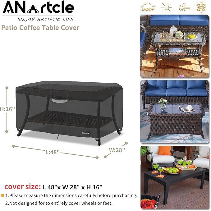 ANartcle Patio Coffee Table Cover, 600D Waterproof Heavy Duty Rectangular Outdoor Table Cover,Patio Furniture Covers,48 x 28 x 16 inch,Black