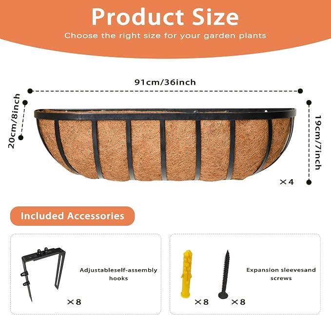 4 Pack 36" Railing Planter Window Box with Coco Fiber Liner Horse Trough Planter The Railing Planter Boxes for Deck Porch Fence Outdoor