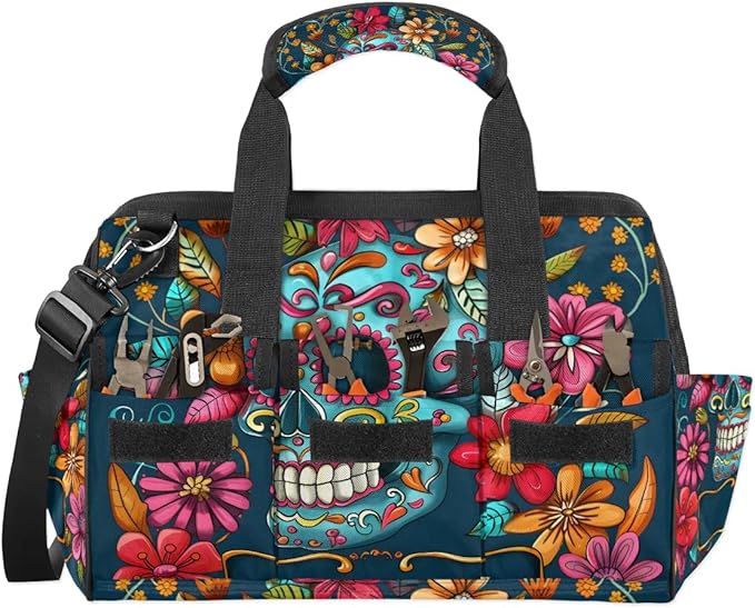 15 Inch Tool Bag 14-Pockets Tool Box Organizer for Men Flowers Skull Tool Tote Bag Waterproof Toolbox with Shoulder Strap Heavy Duty Garden Tool Organizer for Mechanic