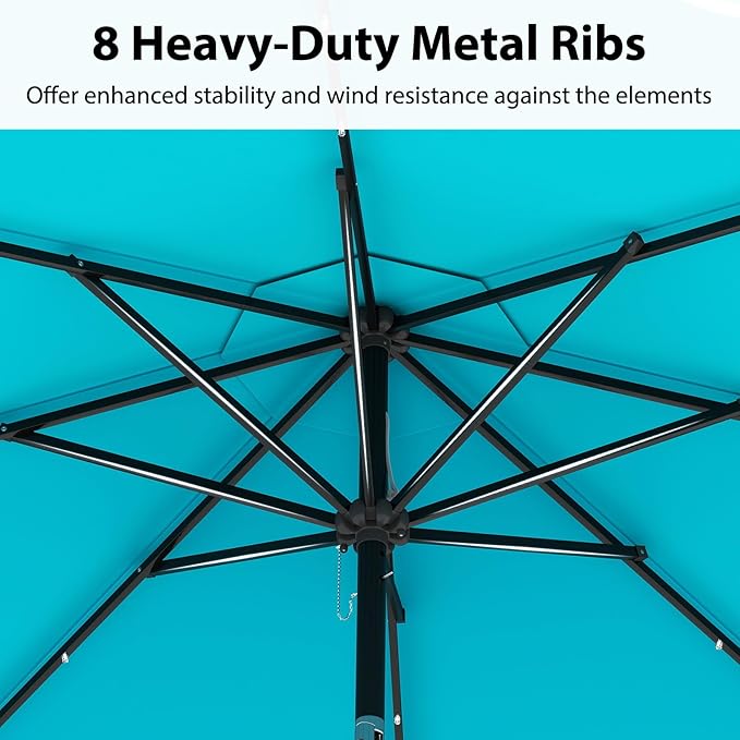 Tangkula 10FT Solar LED Patio Umbrella, 2-Tiers Scalloped Outdoor Table Market Umbrella with 24 LED Lights, Vented Top, Tilt Adjustment, Crank, 8 Ribs for Backyard Poolside Deck Beach Lawn (Turquoise)