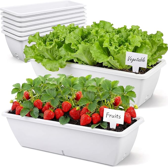8 Pcs 24 Inch Plastic Flower Window Box Planter with Water Absorbing Net Drainage Holes & Visible Water Level Window, Rectangular Vegetable Flower Pots for Indoor Outdoor (White)