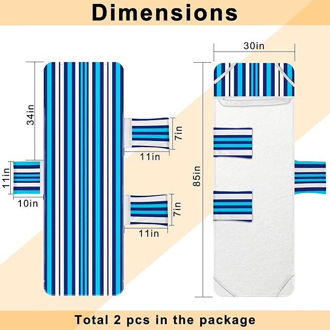 Lounge Chair Towel Cover, Beach Chair Covers (Pack of 2), Chaise Lounge Cover with 3 Pockets for Pool Beach Garden Courtyard Outdoor Trips, 85 x30 in,Striped Dark Blue White & Sky Blue