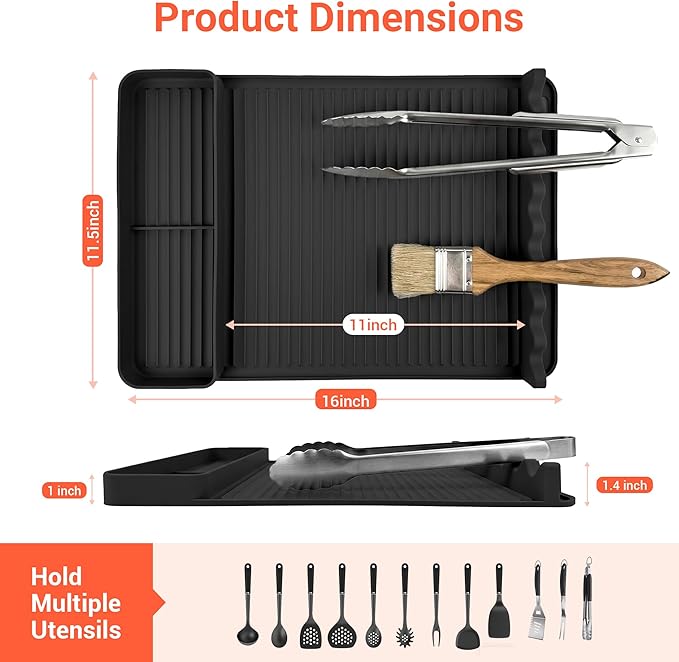 2Pack Silicone Grill Mat for Blackstone - 16x11.5 Inch Non-Slip Tool Mat with Sauce Drip Pad & Wavy Grip, Outdoor BBQ Accessories & Gifts for Men, Dad, Grilling (Black)
