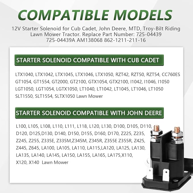 Starter Solenoid for John Deere AM138068 Cub Cadet 725-04439 MTD Troy-Bilt Trombetta 862-1211-211-16 Riding Lawn Mower Tractor