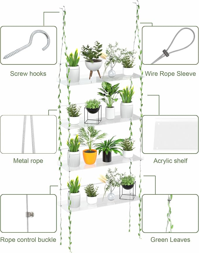 Jolitac Acrylic Window Plant Shelves, Hanging Indoor Wall Plant Stand, 4-Tier (Clear)