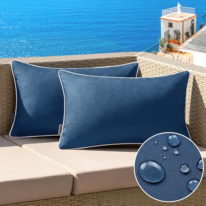 MIULEE Pack of 2 Outdoor Waterproof Pillow Covers Decorative Lumbar Throw Pillows Solid Color Farmhouse Couch Cushion Covers for Patio Tent Bed Sofa Living Room 12x20 Inch Navy Blue
