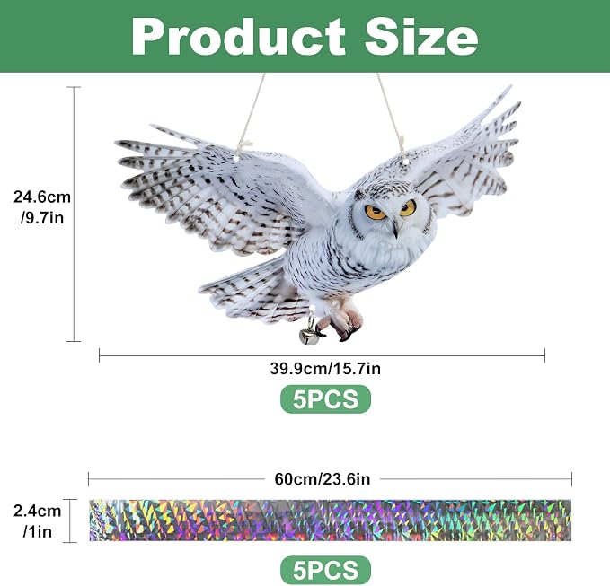 Hanging Owl Device for Outdoor Garden, 5 PCS Flat Reflective Owl with Tape and Bell to Keep Woodpecker Pigeon Away from Patio Yard Balcony Window, Weatherproof Animal Scare Decor