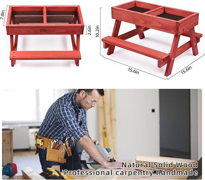 Chicken Picnic Table, Chicken Feeder No Waste Handmade Wooden, Large DIY Chicken Feeder Kit, Wild Bird, Duck & Squirrel Feeders, Mesh Bottom Keep Food Fresh and Dry Easy to Clean and Fill（Red Paint