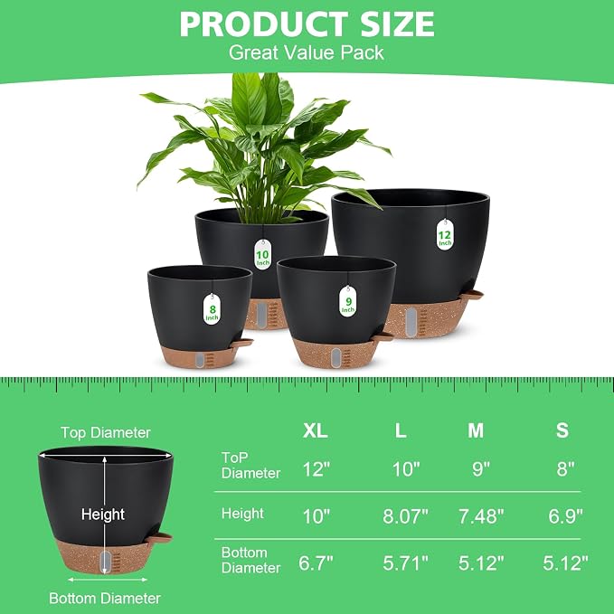 12" 10" 9" 8" Self Watering Pot for Indoor Plants, Large Plastic Planters Set with Water Level Indicator Deep Reservoir Tray, Bottom Watering Big Flower Pots with Mesh Drainage Hole - Black