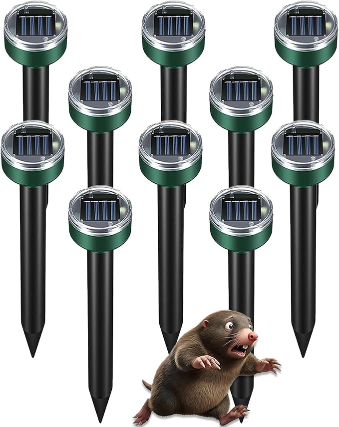 Mole Repellent 10 Pack, Animal Repeller Solar Powered Snake Ultrasonic Gopher Deterrent, Outdoor Waterproof Vole Vibration Stakes,Sonic Spike for Rodent Groundhog Snake Chipmunk