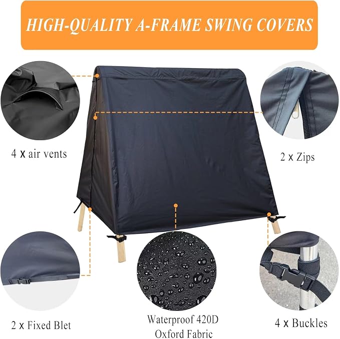 Patio Swing Cover A-Frame Swing Covers Waterproof 3 Seat UV Resistant Weather Protector for Outdoor Courtyard Patio Furniture (72x67x55inch) Black