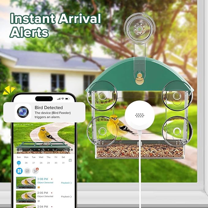 Window Bird Feeder with Camera for Bird Watching,2K Live Video,AI Bird Identification,Instant Arrival Alerts,24/7 Recording,Support 2.4G/5G WiFi,Featuring 5 Strong Suction Cups.