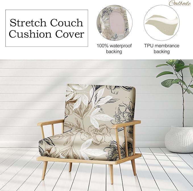 CALBODE 12Pcs Outdoor Stretch Cushion Covers,Waterproof Outdoor Chair Floral Cushion Covers for Patio Furniture, Washable Beige Couch Covers Replacement for Patio Furniture