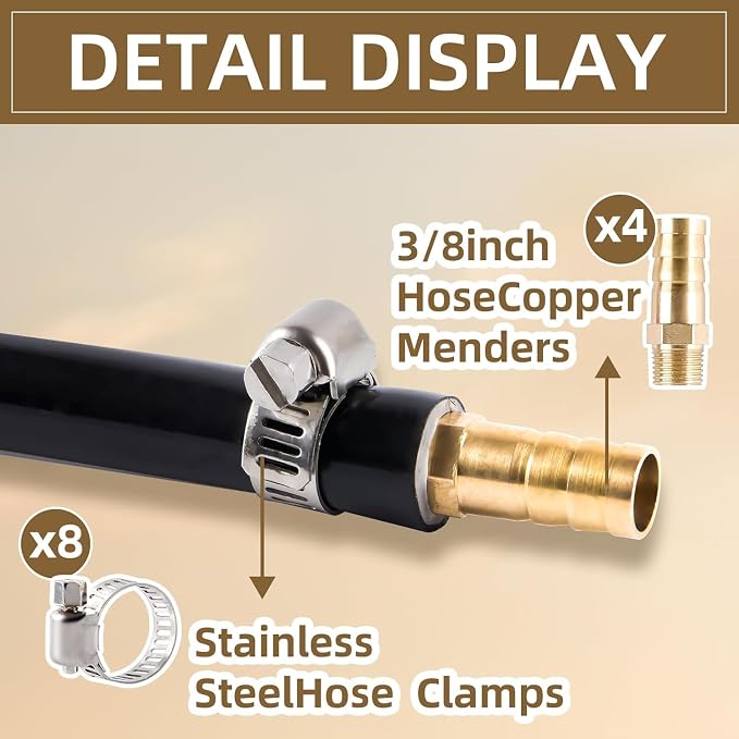 3/8 Inch Self Sinking Aeration Hose,100 Feet Weighted Pond Aerator Hose Kit 8 Stainless Steel Hose Clamps and 4 Menders (100FT)