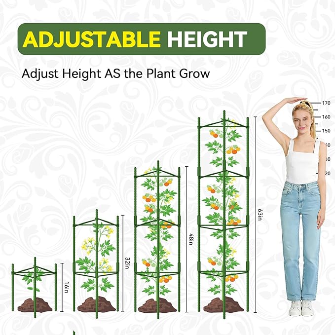 Halatool 63 Inch Tomato Cages, 4 Pack Adiustable Plant Cages Assembled Tomato Garden Cages Stakes Vegetable Support Trellis with 120 Feet Twist Tie, Snap-On for Vertical Climbing Plants
