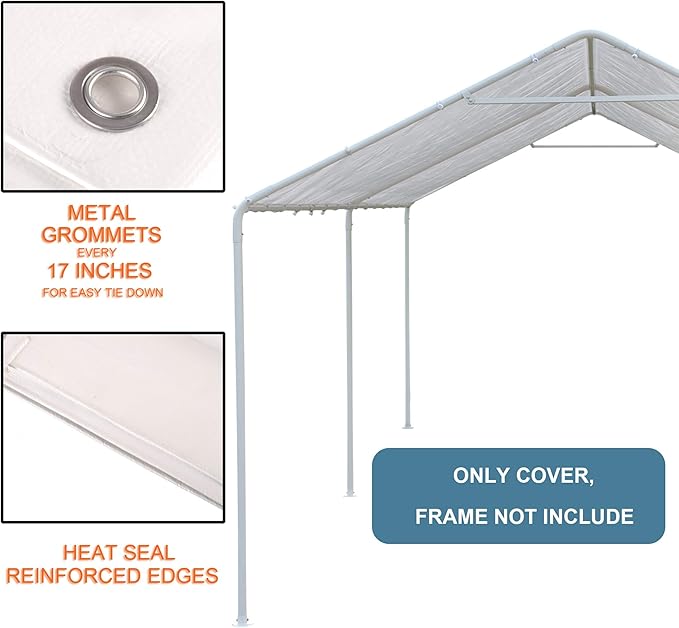 Thanaddo 10 x 20 Ft Carport Replacement Canopy Cover Garage Top Tent Shelter Tarp with Free 44 Ball Bungee Cords,White(Only Cover, Frame Not Include) (10x20 White)