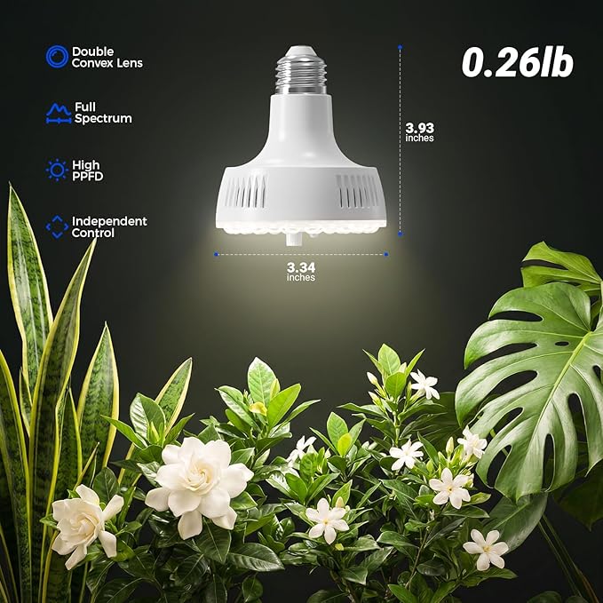 Barrina Orbgrow OG11A Grow Light Bulbs for Indoor Plants, Integrated Dimming & Timing, 4000K 44W(4 x 11W, 400 Watt Equiv), E26 Plant Light Bulb, Full Spectrum for Seeds and Greens, 4 Packs, White