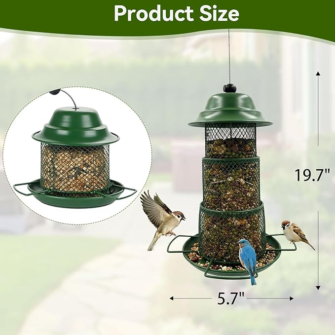 Green Metal Bird Feeder – Squirrel-Resistant Hanging Feeder with 4 Perches | Large Seed Capacity, 360° Mesh for Backyard & Garden, Round