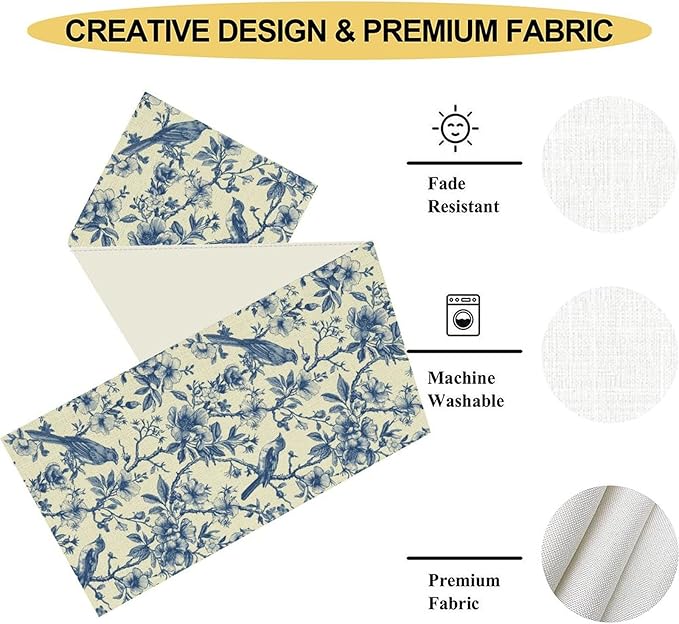 Blue Birds Floral Table Runner, Monochrome Sketch Japanese Boho Spring Seasonal Chinese Table Center Decor for Kitchen Family Country Restaurant and Living Room Table Decorations, 13" X 108"