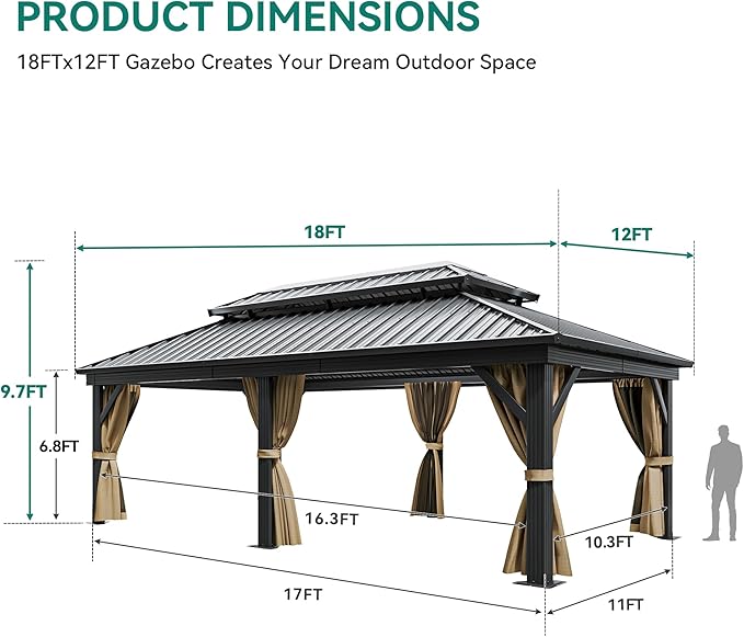 YITAHOME 12X18FT Meatl Hardtop Gazebo Metal Double Roof Canopy Galvanized Iron 4.7X4.7'' Aluminum Pillar Garden Tent Curtains Netting for Patios Backyards Decks Lawns